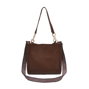 Brown large capacity tote bag with dual straps including a wide woven fashion shoulder strap