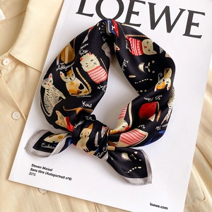 53cm mulberry silk neck scarf featuring colorful cat illustrations on black satin fabric