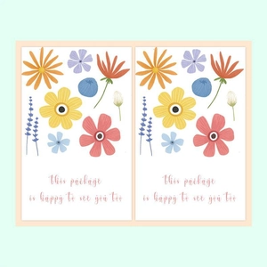 Detail of floral thank you cards with 'This package is happy to see you too' text