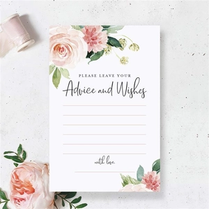Detail of floral wedding advice card with advice and wishes text on stone background