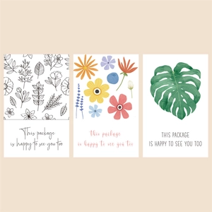 Three-style rectangular botanical stickers with This package is happy to see you too text