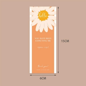 Detail of a 15x6cm orange gift seal sticker with daisy design and hello greeting text