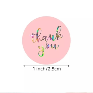 Detail of 1 inch pink holographic thank you sticker showing exact diameter measurement