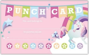 Detailed pink unicorn punch card for kids with rainbow stars and 10 reward tracking spots
