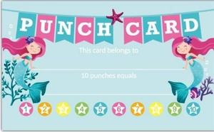 Detail of mermaid themed punch card with ten star reward spots for students