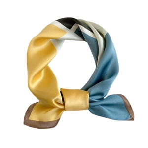 Color-block 100% mulberry silk square scarf with yellow and blue geometric patterns