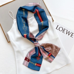 Elegant Satin Skinny Scarf For Women Vintage Geometric Equestrian Chain Print Thin Long Hair Band Handbag Wrap Accessory