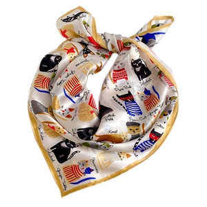 Silk cat print square scarf with yellow borders and hand-drawn kitten illustrations