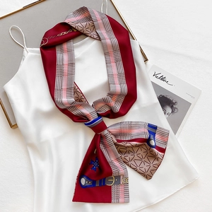 Elegant retro red silk scarf with houndstooth and geometric patterns for women
