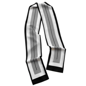 Narrow black and white striped long silk scarf twilly with geometric border for women