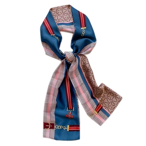 Elegant navy and beige long silk scarf with vintage geometric patterns and medal detail