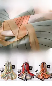 Detailed view of the fine stitching edges and elegant color combinations of the silk scarf