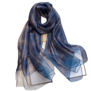 Elegant navy silk blend scarf with gold metallic pinstripes and a luxurious sheer finish