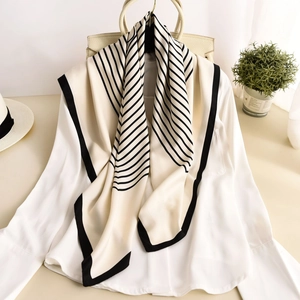 Women French Style Satin Square Scarf Minimalist Striped Silk Feel Professional Neck Tie Chic Office Hair Scarf Shawl 90cm