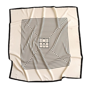 Chic striped silk-like square scarf in beige with black geometric borders and HOME text