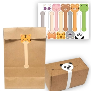 Detail view of cartoon animal long seal stickers used on gift bags and paper boxes
