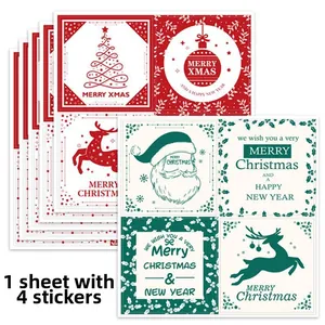 Detail showing 4 square Christmas stickers per sheet with Santa and reindeer motifs
