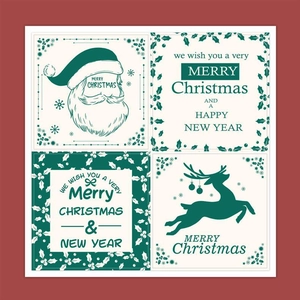 Detailed view of four vintage square Christmas stickers with Santa and reindeer designs