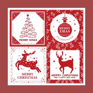 Detail of four square Christmas stickers featuring reindeer and decorative tree patterns