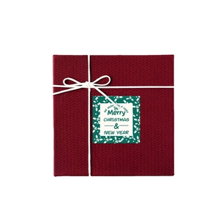 Square red Christmas gift box with woven texture, white twine bow and festive green label