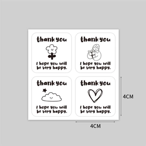 Detail of 4x4cm square stickers with hand-drawn weather motifs and thank you messages