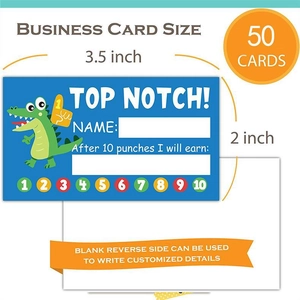 Detailed view of 50 reward cards with cartoon alligator design and 10 punch-hole dots
