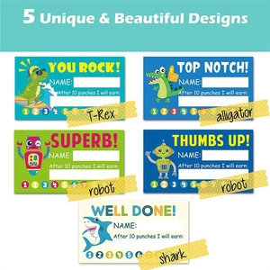 Detail view of colorful cartoon punch cards for student rewards with five animal designs