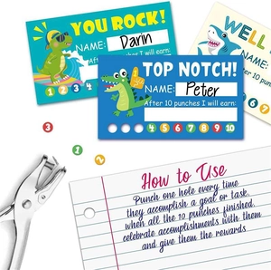Detail of cartoon reward punch cards with name field and manual metal hole puncher tool