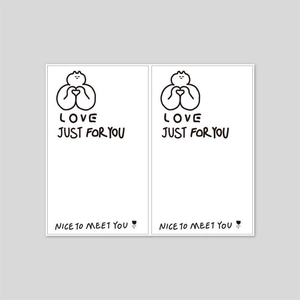 Detail of minimalist stickers with heart character and LOVE JUST FOR YOU greeting text