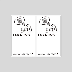 Detail of minimalist black and white illustrated stickers with Expecting and Nice To Meet You text