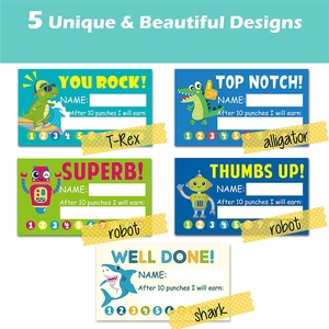 Five assorted 5x9cm cartoon punch cards for student rewards with colorful animal designs