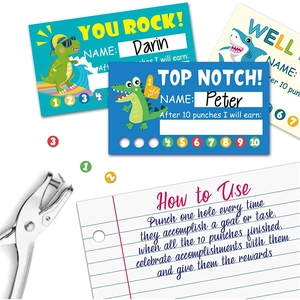 Cartoon reward punch cards for students featuring colorful dinosaur and shark designs