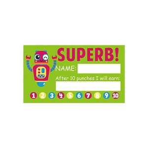 Robot cartoon reward punch cards for students with 10 progress circles in green