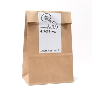 Minimalist brown kraft paper gift bag with decorative illustration sticker and Expecting text