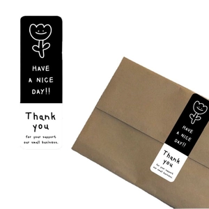 Minimalist black and white long rectangular Thank You stickers with smiley face floral design