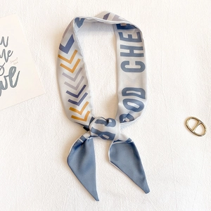 Detail eines blau-weißen Seidenschals mit Good Cheer Aufdruck und Pfeilmuster-Design