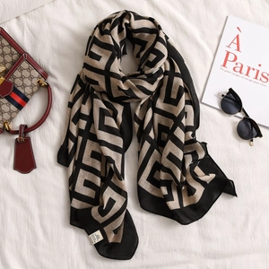 Black and brown geometric cotton-linen feel scarf with vintage maze pattern shawl