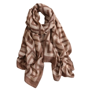 Brown and beige geometric grid pattern linen-feel scarf and shawl for winter