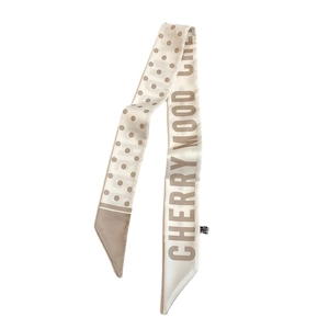 Chic beige skinny silk scarf with brown polka dots and Cherry Mood lettering print