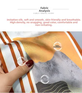 Macro detail of breathable faux silk scarf fabric with orange and gray abstract patterns