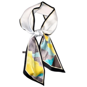 Elegant skinny silk scarf with abstract oil painting print and sleek black border
