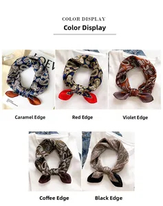 Detail display of five paisley pattern silk scarves in caramel, red, purple, and black colors