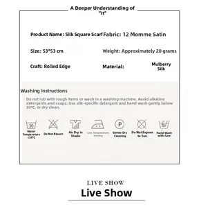 Detail specifications for 100% mulberry silk square scarf with hand rolled edges