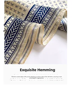 Close-up of neatly stitched machine-rolled edges on a silk scarf with geometric patterns