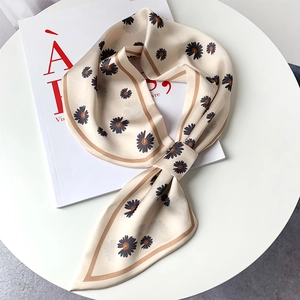 Elegant daisy floral silk scarf for women in cream and purple satin finish scarf