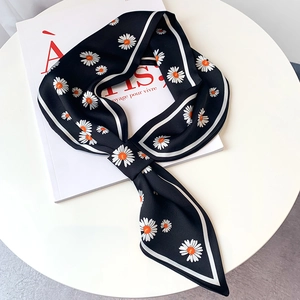 Chic black silk scarf with white daisy print and striped borders for neck or bag