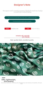 Detail of green silk-like square scarf with white geometric rings measuring 70cm x 70cm