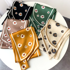 Women Elegant Satin Skinny Scarf Daisy Floral Print Narrow Long Neck Tie Headband Bag Ribbon Fashion Accessory