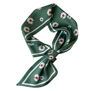 Dark green silk scarf with white daisy floral pattern and elegant satin finish for women