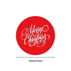 Vue détaillée d'un autocollant de Noël rouge de 1 pouce avec calligraphie blanche